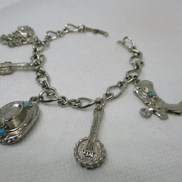 WESTERN CHARM BRACELETS Southwestern Silver Tone Charm Bracelet Turquoise Caboch - Picture 4 of 12